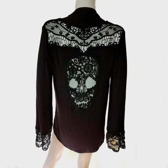 Sexy Black Lace Cut Out Cardigan - Skull on Back